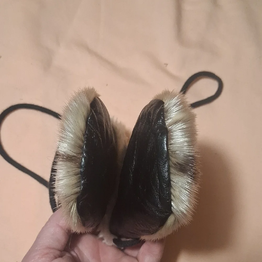 Faux Fur Hand Muffs with Leather Trim and Tie Strap - Beige